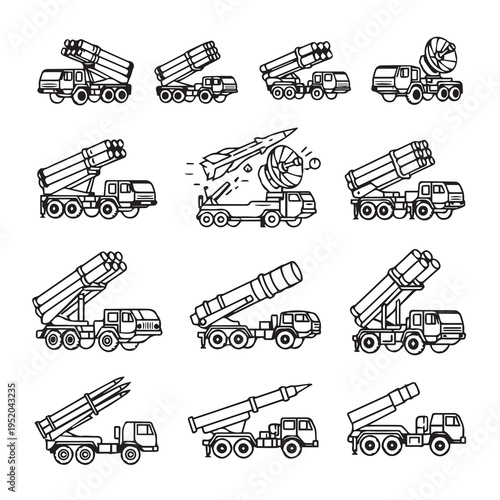 Multiple Rocket Launcher Trucks and Missile Launchers Collection Military Vehicles Icons Vector Art