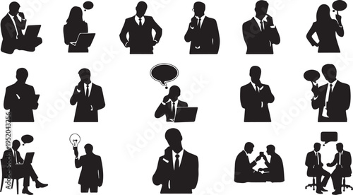 Business professionals in various meeting and discussion silhouettes