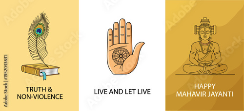 Happy Mahavir Jayanti Banner Set with Lord Mahavira and Ahimsa Hand Symbol in Flat Illustration Style