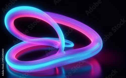 Neon light coils glow in vibrant blues and pinks against a dark