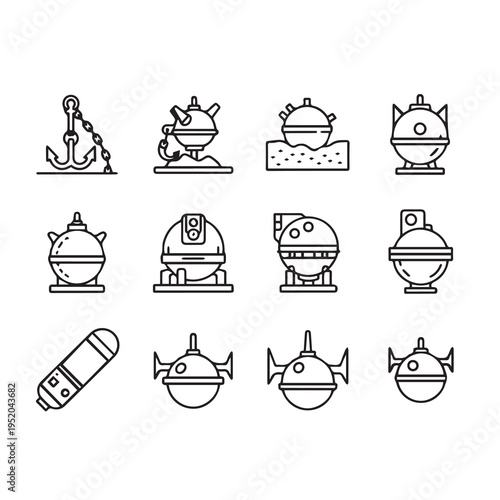 Naval Mines and Anchor Line Icons Set Nautical Warfare Symbols Ocean Explosives