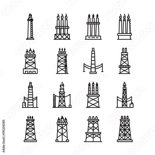 Oil Rig Icons Set Industrial Energy Extraction Structures Petrochemical Industry Vector Graphics