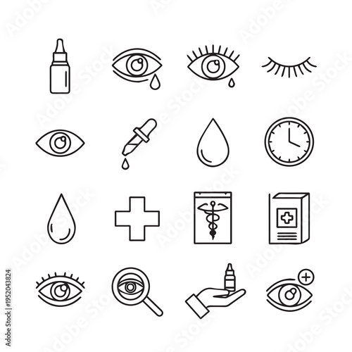 Ophthalmology Icons Set: Eye Care Drops Medical Symbols and ClockLine Art