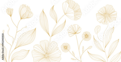 Elegant gold line art floral vector set with minimalist wildflower illustrations for luxury wedding invitations and sophisticated branding designs.