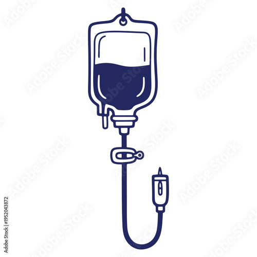 Stylized Medical IV Drip Illustration Showing Healthcare Treatment and Emergency Room Procedures in Dark Blue Ink