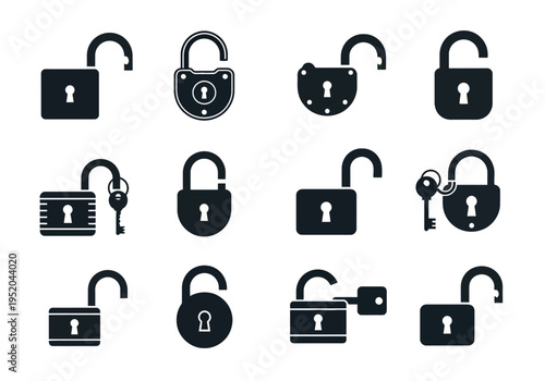 Collection of various types of padlocks in black and white illustration style