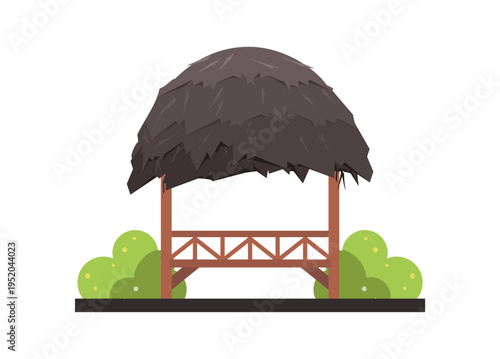 Wooden gazebo building with hay roof. Simple flat illustration.