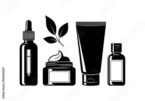 Assorted skincare products arranged in a stylized black and white illustration