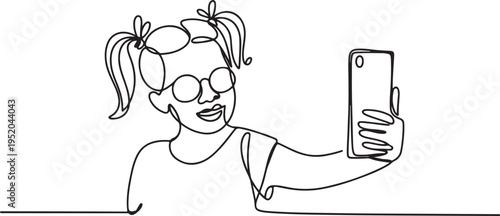 Continuous single line drawing of girl with pigtails hair and wear glasses taking selfie with smartphone camera. One line draw graphic design vector