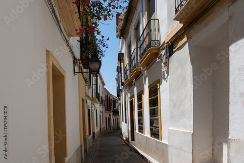 A narrow street in the historic Jewish Quarter of Cordoba, Spain, known for its whitewashed houses and balconies.