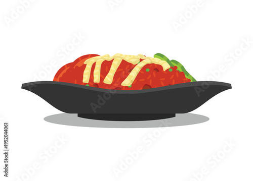 Fried rice with omelette slice topping. Simple flat illustration.