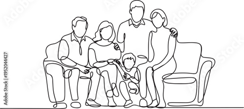 multi generation family hand draw line illustration in living room. Black and white. Show grand father, grand mother, father, mother and son. One line draw graphic design vector