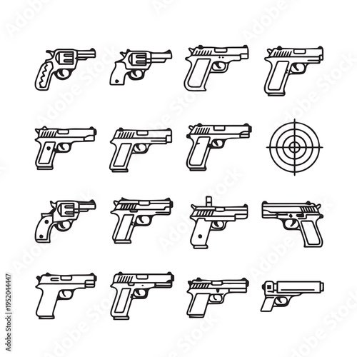 Pistol and Revolver Gun Collection Icons Target Symbol Line Art Vector Illustrations