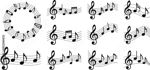 Set of black music notes on wavy and circular staves for creative musical backgrounds, event posters, and artistic branding.