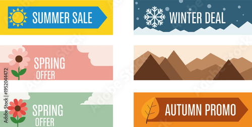 Seasonal Sale Banners Set for Summer, Winter, Spring, and Autumn Promo, Flat Illustration Art