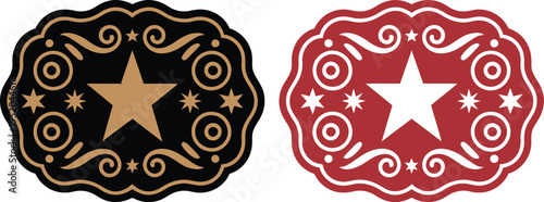 Sheriff star badge illustration, wild west rodeo cowboy belt buckle with floral details representing hierarchy, rank titles, and vintage frontier law symbols.