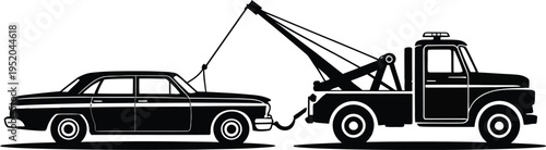 Tow truck roadside assistance illustration, towing vehicle lifting damaged car for emergency breakdown help, auto recovery service and transportation support branding.
