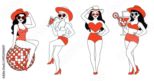 Cowgirl pinup illustration set, vintage western retro women portraits from 50s 60s 70s fashion era with glamorous ranked titles.