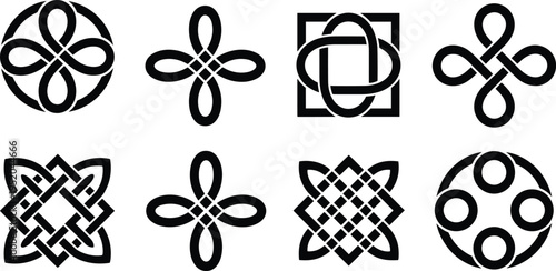 Set of black Celtic knot symbols and intertwined geometric vector elements for logo design, cultural branding, and traditional ornaments.