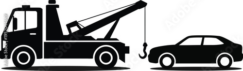 Tow truck recovery illustration, emergency roadside assistance vehicle lifting broken car for auto repair service and transportation support company branding