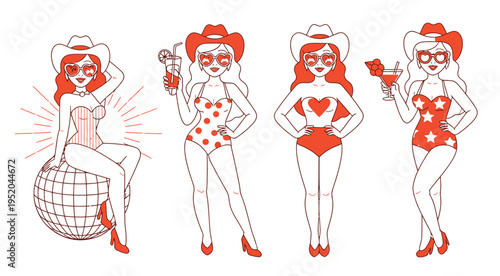 Cowgirl retro pinup illustration set, vintage western women portraits from 50s 60s 70s fashion era with glamorous ranked levels