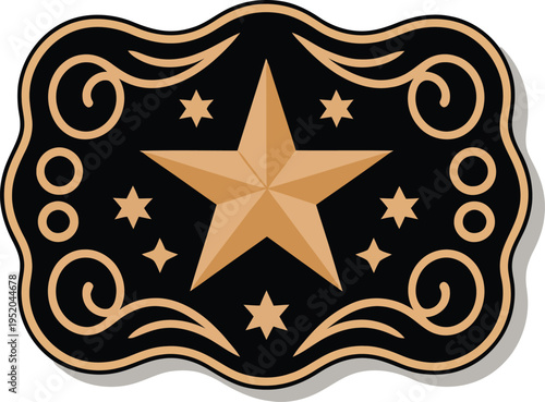 Western sheriff star buckle illustration, rodeo cowboy belt badge with floral ornament representing hierarchy levels and vintage frontier law symbols.