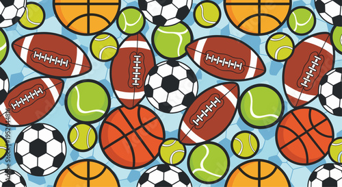 Sports Balls Seamless Pattern, Flat Vector Illustration of Football Basketball Soccer and Tennis