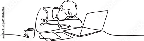 Single continuous line drawing of young sleepy male worker fall asleep on laptop while he was working on his desk. Work fatigue at the office concept. One line draw graphic design vector