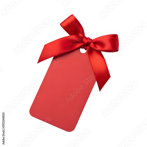 Red gift tag with ribbon bow isolated on transparent background