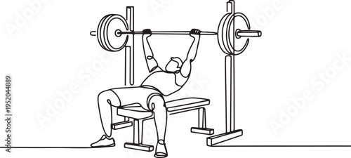Single continuous line drawing of young sportive man training lifting barbell on bench press in sport gymnasium club center. Fitness stretching concept. One line draw graphic design vector