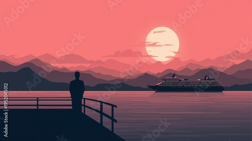 silhouette of a man in the sunset see the cruise ship sailing illustration vector