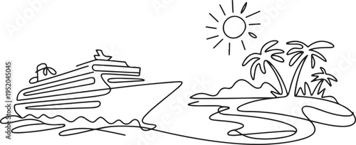 Single continuous one line art ocean travel vacation. Sea voyage holiday tropical island ship liner cruise journey concept. One line draw graphic design vector