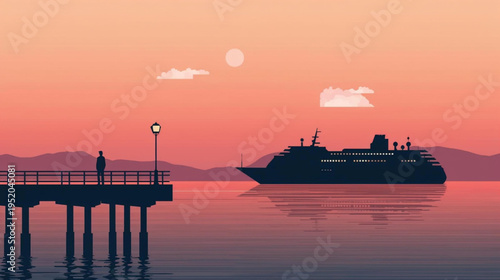 silhouette of a man in the sunset see the cruise ship sailing illustration vector