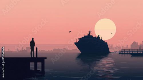 silhouette of a man in the sunset see the cruise ship sailing illustration vector
