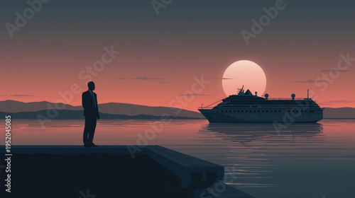 silhouette of a man in the sunset see the cruise ship sailing illustration vector