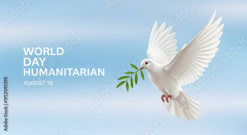 A white dove holding an olive branch against a light blue sky for world humanitarian day event