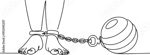 Single one line drawing feet shackled with metal prison ball. Detention without due process. Committing violations of human rights. Shackles of power. One line draw graphic design vector