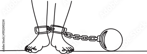 Single one line drawing feet shackled with metal prison ball. Detention without due process. Committing violations of human rights. Shackles of power. One line draw graphic design vector