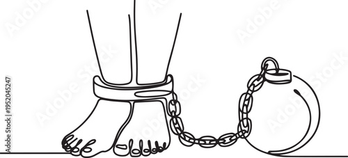 Single one line drawing feet shackled with metal prison ball. Detention without due process. Committing violations of human rights. Shackles of power. One line draw graphic design vector