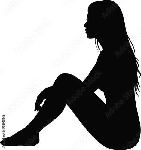Sad woman depression illustration, young female sitting alone hugging knees on muted pink background expressing loneliness, anxiety, and emotional distress.