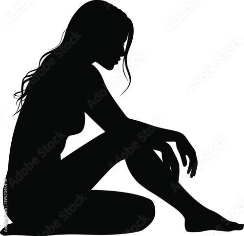 Lonely woman illustration, sad young female sitting hugging knees on muted pink background representing depression, anxiety, and emotional isolation.