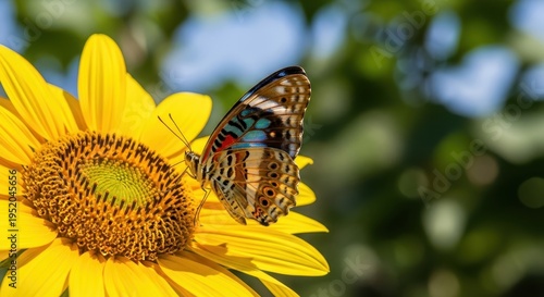 Painted Lady Butterfly on Bright Yellow Sunflower in Summer.