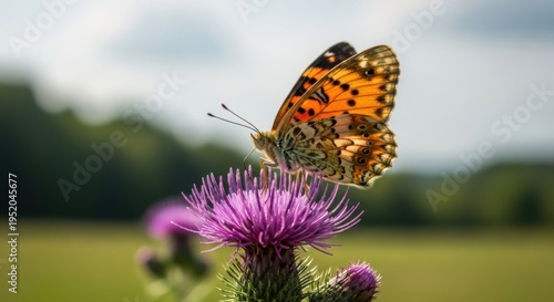 Painted Lady Butterfly on a Thistle Flower in Summer.