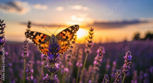 Painted Lady butterfly on lavender flowers at sunset in field.