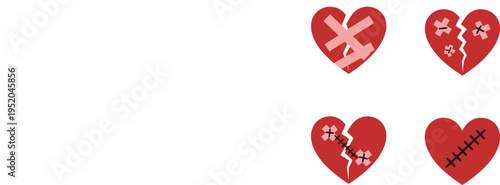Four red hearts with different types of repairs broken heart