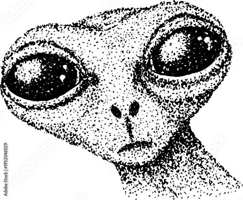 Alien head with large eyes in black and white stippling effect for design projects