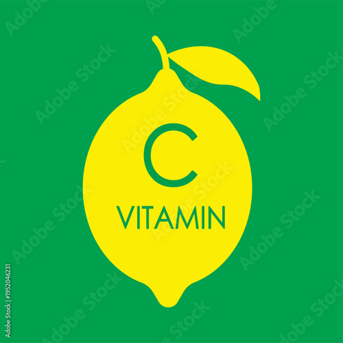 Vitamin C Lemon Icon Vector Illustration. Healthy Nutrition, Immunity Support, and Ascorbic Acid for Wellness. Yellow Citrus Fruit Graphic on Green Background for Supplements and Medical Marketing.