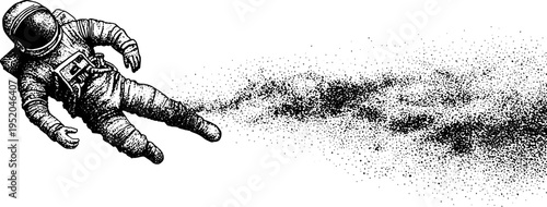 Astronaut floating in space with black and white stippling effect for print design