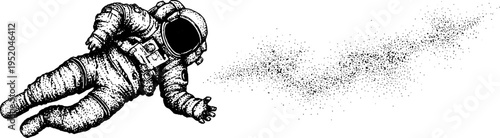 Astronaut floating in space with stippling technique for black and white design