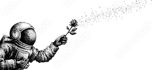 Astronaut holding rose in space with tether line, black and white stipple art